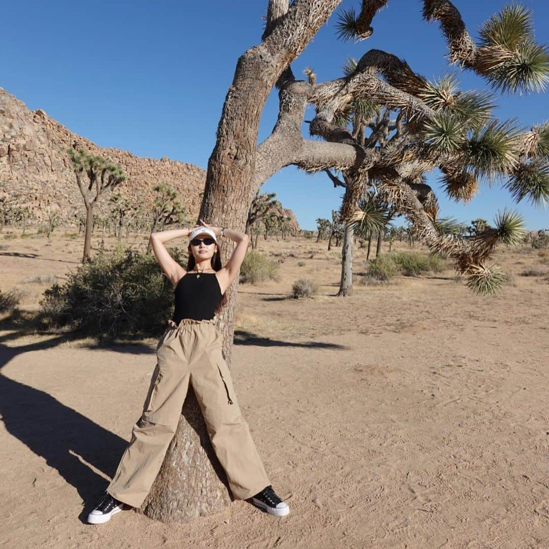 古畑星夏のインスタグラム：「⠀ #joshuatree   LAの国立公園🌿  都心から車で2時間?ぐらいかかるけど、  見た事ない景色で来た甲斐ありすぎたぁ🥹✨✨✨  LAでの運転も慣れたしまたここは絶対に行きたいスポット🫶  #la#ジョシュアツリー#ootd」