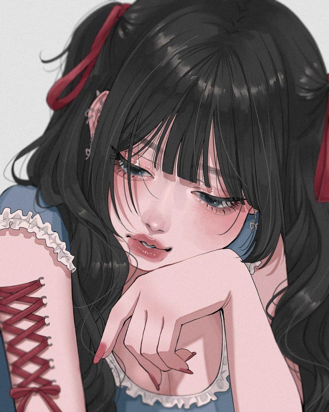 田森のインスタグラム：「自責。  #イラスト#イラストレーター#illustration#Illustrator#黒髪ロング#リボン#コルセットピアス#ピアス」