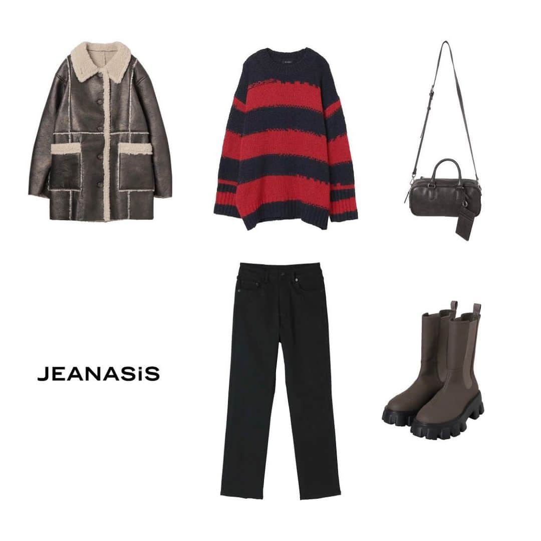 ジーナシスのインスタグラム：「❄️Recommend Style❄️ ✔️画面をタップしてチェック  【発売中】 ▼アウター▼ #ヴィーガンレザーボアコクーンコート_JS  ▼ニット▼ #3Gイレギュラーボーダープルオーバー_JS  ▼パンツ▼ #サスティナブルヌバックライクフレアパンツ_JS  ▼ショルダーバッグ▼ #ヴィンテージレザーライクボストンBAG_JS  ▼ブーツ▼ #ラグソールミドルブーツ_JS _____________________________________________  _____________________________________________ 商品詳細は製品タグ or TOPページURLよりチェック ▷▷▷ @jeanasis_offici 『#ジーナスタッフスタイリング』をフォロー🤝 ▷▷▷全国のスタッフによるスタイリングを毎日更新中！ _____________________________________________  #JEANASIS #ジーナシス #ジーナシスト #ootd #fashion #tokyo #2023AW #大人カジュアル #大人シンプル #アウター #アウターコーデ #デニム #デニムコーデ #デニムパンツ #ショルダーバッグ #ショルダーバッグコーデ #ボストンバッグ  #ブーツ #ブーツコーデ #ニット #ニットコーデ #パンツ #パンツコーデ」