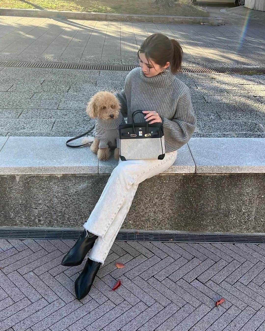 mi01ki24のインスタグラム：「この冬もARUとやりたい リンクコーデで今年はグレー🐶 ドッグセーターは毎年 @hm で🩶  キョロキョロするから前向いての 2枚目のARUの膨れっ面が笑える🤣  knit… @dolce._official  denim/ boots… @zara bag… @hermes」