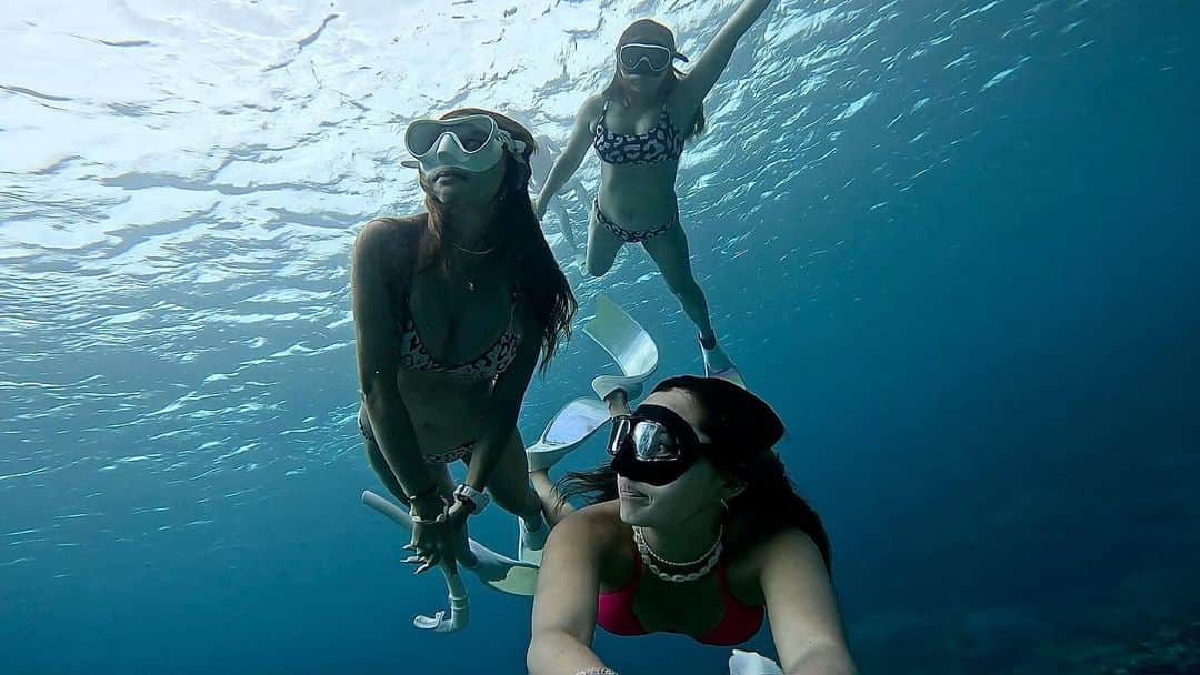 山崎みどりのインスタグラム：「skin diving🧜🏽‍♀️🧜🏽‍♀️🧜🏽‍♀️🧜🏽‍♀️ 🏝️宮古島　 Miyako island  みんなでずーっと泳いでた🫧🪸🫧 最高気持ち良かったな🥺🤍  ちなみに私はWhiteのマスク🤿  ラストの写真は さて 海面に上がろうかな。って思ったら はるちに体をholdされてるとこ。💪🏻 ヤメテ 笑  ──────────────────────────  #🪸#divinglife #divingphoto #divingtrip#無人島#海遊び#スキンダイビング#skindiving #longfin #skindiver  #ビキニ #ブラジリアンビキニ #bikini #水着　#ビキニ女子 #sealovers #水着女子」