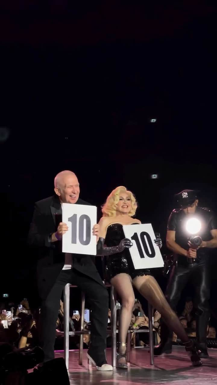 ジャンポール・ゴルチエのインスタグラム：「Celebrating an everlasting moment! @jeanpaulgaultier and @madonna together on stage during her Celebration world tour show in Lisbon.  #jeanpaulgaultier #jpgfashion」