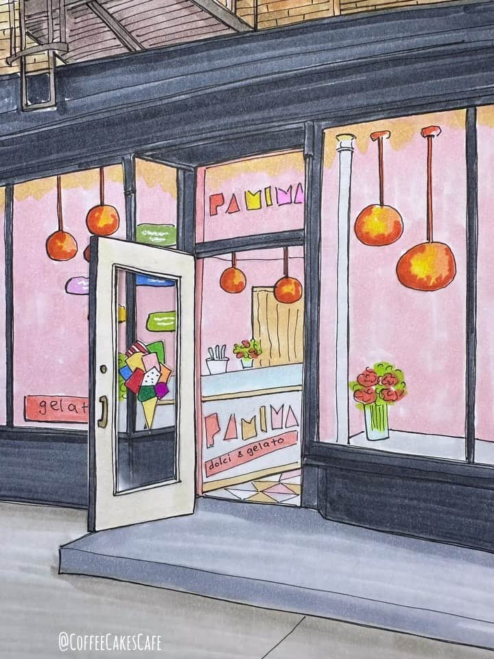 RIASIMのインスタグラム：「Would you like to join me for some gelato at  @paminadolcegelato ?!💕🍨 This new neighborhood charm is buzzing with yumminess! Every time I walk by in the early evening, there’s a great size crowd all anxiously waiting to get their scoop of deliciousness! Congrats to Chef @riccardorfino and @marco__pedron on this amazing adventure! Welcome to the West Village!💕🍨 . . . . . . . . #westvillage #westvillagenyc #westvillagelife #westvillageeats #westvillagenewyork #westvillageny #stopmotionanimation #coffeecakescafe #storefront #storefrontcollective #prettycitynewyork #gelato」