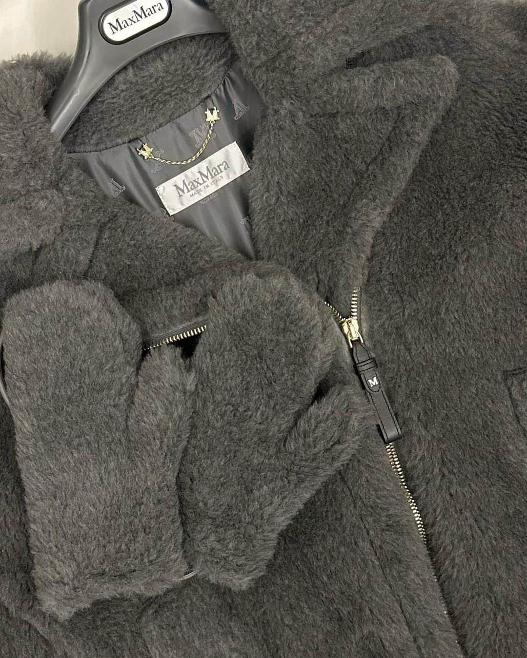 水野佐彩のインスタグラム：「・ 🧸🧸🧸🩶 #maxmara #maxmaraテディベア   popupで全色試着して 一番しっくりきた＆popup限定カラーというのに惹かれて グレーのケープに決めました🥰🩶 34歳の私への誕生日プレゼント🎁でした✨  購入品紹介は ほぼしない私ですが... テディもこの物撮りも 夢だったの🥰笑」