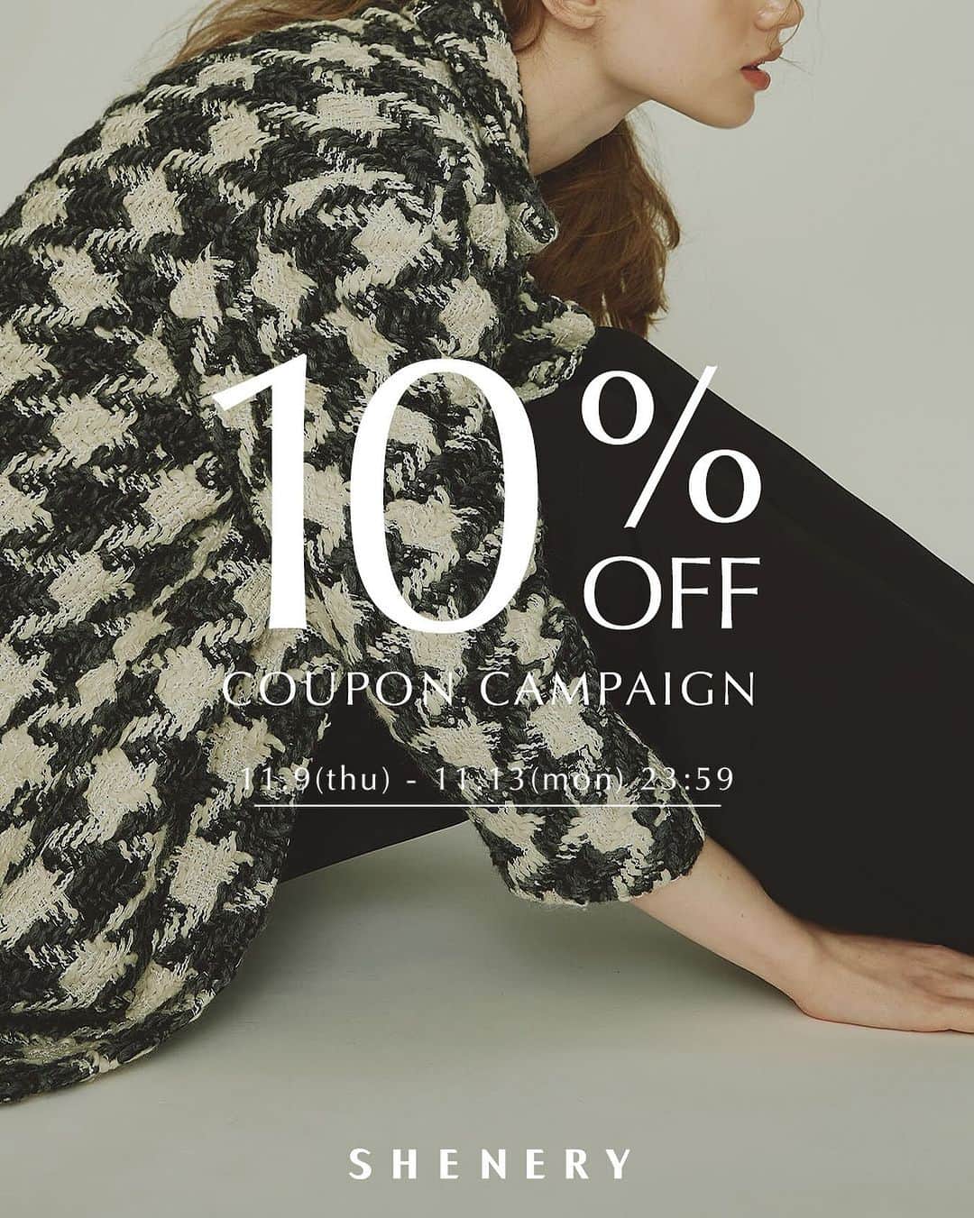 のインスタグラム：「【5日間限定！】 SHENERY PALCLOSET店では 本日より5日間限定10％OFFクーポンキャンペーンを開催！  欲しかった秋冬の新作アイテムがお得に買えるチャンス！  このお得な機会にぜひお買い物をお楽しみください。  期間：11月9日（木）0:00 ～ 11月13日（月）23:59」