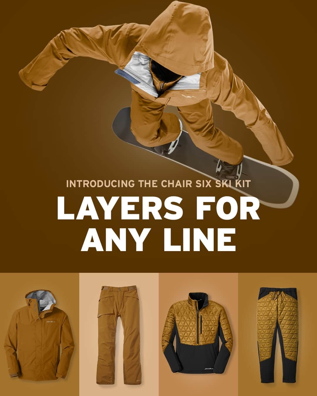 エディー・バウアーのインスタグラム：「Say hello to the brand new Chair Six Kit 🎿⁠ ⁠ Don't let a lack of layers ruin your day on the mountain. Consisting of four styles, each piece of the Chair Six Kit was thoughtfully designed to integrate seamlessly together, creating an easy-layering system for skiers and snowboarders of all skill levels.⁠ ⁠ Gear up for the season ❄️ Link in bio.」