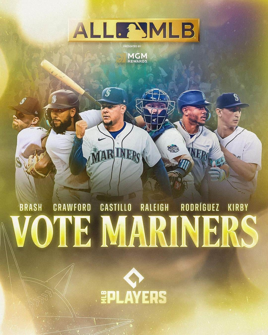 シアトル・マリナーズのインスタグラム：「Vote for our guys 🗳️   @mattbrash6, @jp_crawford, @luis58castillo, @calraleigh_, @JRODshow44 and @gkirb32 have been named nominees for the 2023 All-MLB team! Cast your ballot at MLB.com/AllMLB once per day until Nov. 19.」