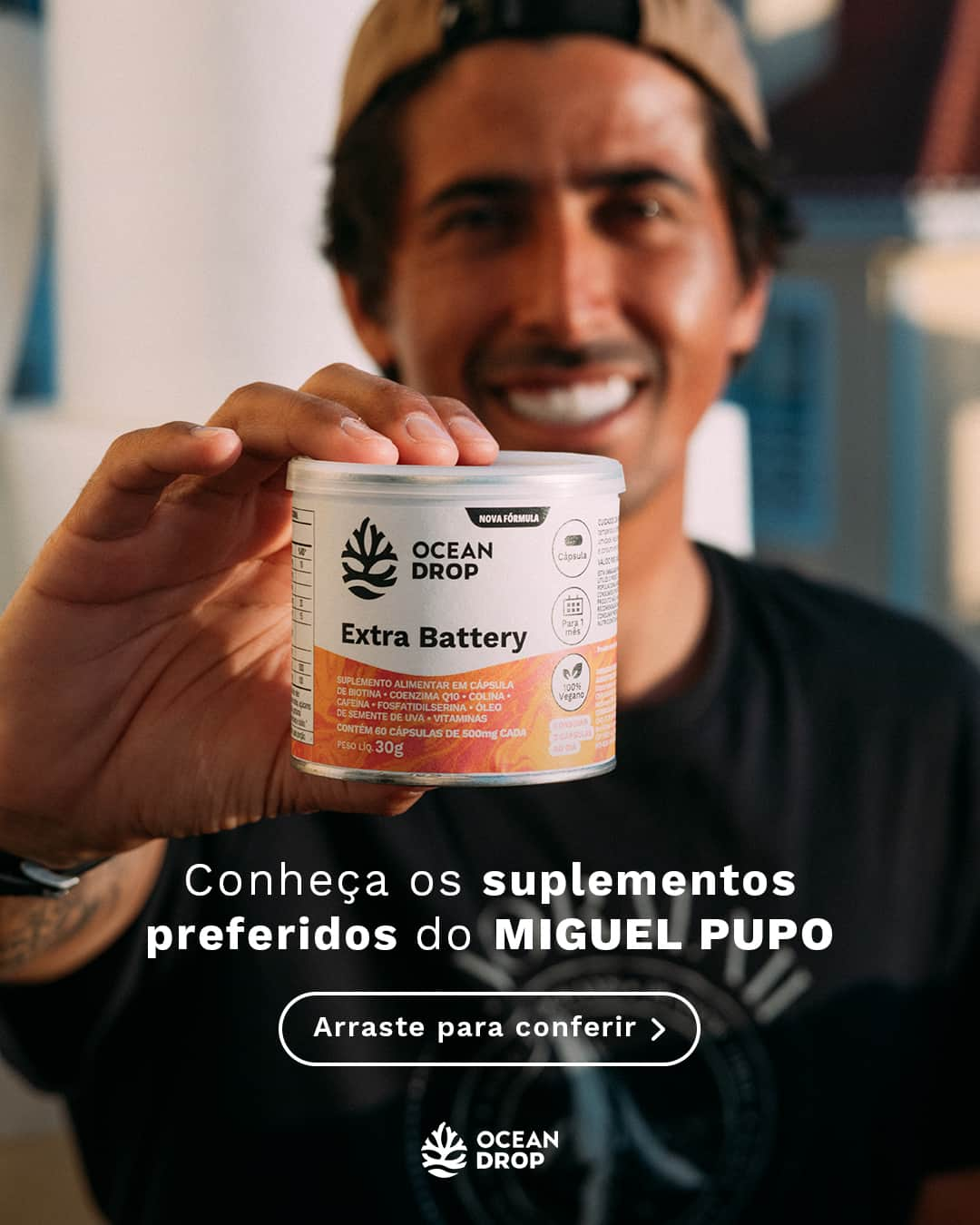 ミグエル・プッポのインスタグラム：「Quando o assunto é performance de campeão, nós aqui da Ocean Drop entendemos bem. Tanto é que patrocinamos um dos melhores surfistas do mundo, o @miguelpuposurf!  Ele, como não poderia deixar de ser, é fã dos melhores suplementos do Brasil. Por isso, pedimos para ele escolher o seu Top 3. Bora conferir? 💙  E você, já usa algum deles ou está pensando em incluir na sua rotina? Conta pra gente.  Ah, e não se esqueça: a cada produto vendido, retiramos 25g de plástico das nossas zonas costeiras com a nossa Missão Oceano 🌊  Para garantir esses e outros suplementos, além de conhecer mais sobre a nossa causa, clique no link da BIO.  #OceanDrop #saúde #suplementação #suplementos #vegano #MiguelPupo #surf」