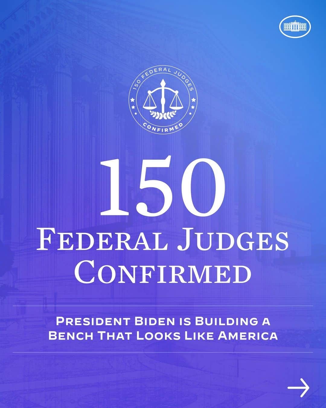 The White Houseのインスタグラム：「NEW: Last night, President Biden reached a major milestone of 150 confirmed federal judges.  These judges come from diverse professional backgrounds that have been underrepresented on the bench for far too long.  Here are a few additional ways these highly qualified jurists are making history.」