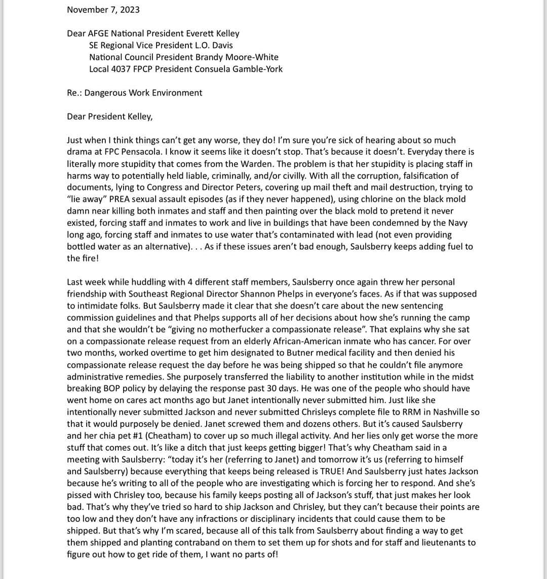 トッド・クリスリーのインスタグラム：「Just another letter we received from a whistleblower! WHEN WILL IT STOP! Is this really what all 122 institutions in the BOP look like? Since when is it ok to employ the corrupt to govern over who the DOJ makes society think is corrupt? Our system of Justice is a JOKE. And where is the Navy in all of this? Why are they allowing these conditions to exist? These men are literally confined in a death trap. What’s next? UNBELIEVABLE! #Corruption #Inhumane #Conditions #Mail #Theft #Black #Mold #Unsafe #Water #Asbestos #Condemned #Buildings #Fire #Hazards #Medical #Malpractice #Sexual #Assaults #Coverups #Scandals #Low #Food #falsified #government #docs」