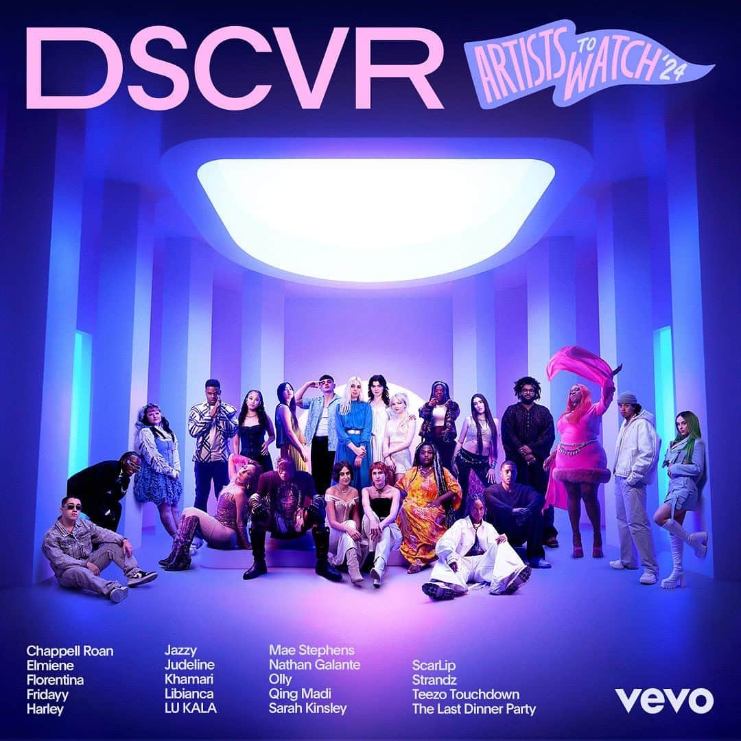 Vevoのインスタグラム：「Introducing the #DSCVR Artists To Watch 2024! Over the next month we're featuring artists from around the world who are set to have a breakout year. Stay tuned for two live performances by these future stars on Vevo's iconic stage as we celebrate 10 years of DSCVR Artists to Watch. 🎉 🎤   @chappellroan @elmiene @florentinaofficial @fridayy @harleysupa @jazzyofficial__ @judeli.ne @khamari @iamlibianca @igobylu @maestephens_ @galantnathan @olly_nclusive @qingmadi @sarahkinsleyd @scar_lip @officialstrandz @teezotouchdown @thelastdinnerparty」