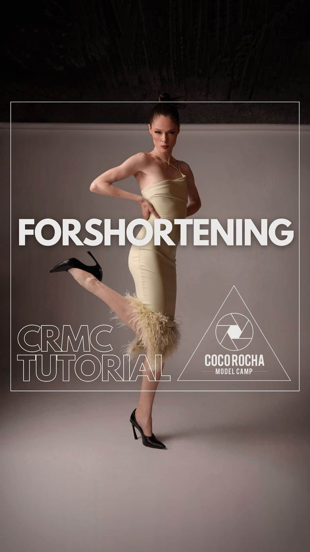 ココ・ロシャのインスタグラム：「CRMC Tutorial: Foreshortening (Save this for your next shoot!)⁠ ⁠ At #CocoRochaModelCamp, @cocorocha assists models in understanding and mitigating the impact of foreshortening. Through the utilization of various posing techniques, we strive to create the illusion of balanced proportions and ensure accurate representation of body parts. In the realm of fashion imagery, foreshortening refers to an optical effect that arises when an object or body part is angled towards the camera, resulting in its appearance being shorter, longer, larger, or smaller in relation to other body parts or the overall frame of the photograph.⁠ ⁠ As a model, it is crucial to be aware of foreshortening and its potential effects on bodily proportions. If certain body parts unintentionally appear elongated or distorted due to foreshortening, it can lead to a disproportionate appearance in the photograph. For instance, when a model extends her arm towards the camera, the arm closest to the lens may appear larger or disproportionately longer compared to the rest of her body. Likewise, if a leg is positioned in a way that conceals it, it might give the impression of being absent. These unintended distortions can disrupt the desired visual harmony and balance in the image.」