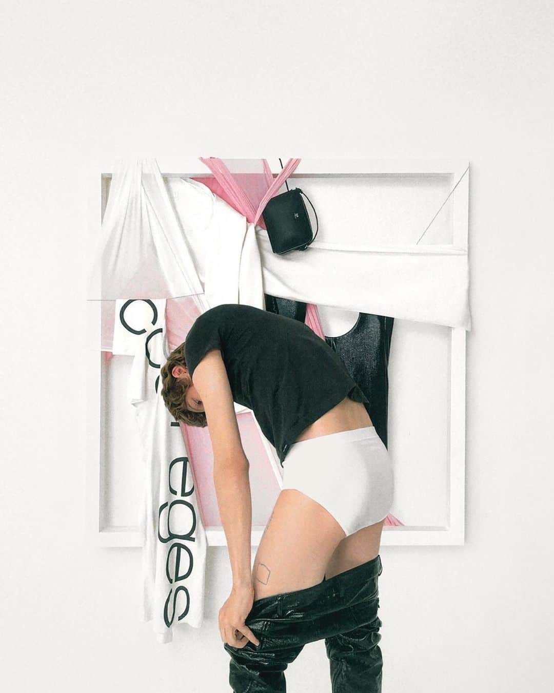 クレージュのインスタグラム：「Courrèges FW23 by @nicolas.difelice in @lampoonmagazine   Frames, set design, art work & photography all @pieter.eliens  Models: Fabrizio K at Management  @fabriziokindli and Annabelle Ferrera at Goodsisters @annabfrr  Hair: Loriane Leger reprs. By Openspaceparis @loriane_leger  Casting: Nathan Felix @felixmgmt  Production: Agnes Bouille at Psychic productions @agnesbouille , @psychicprod  Assistants to Pieter Eliens: Felipe Alfonse , Lea Guillout All clothing: Courrèges   #courregesFW23 #courreges」