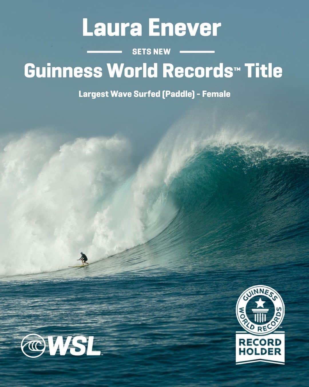世界プロサーフィン連盟（WSL）のインスタグラム：「She’s now a WORLD RECORDS HOLDER!  At 43.6 ft (13.3 meters) @lauraenever has broken the @guinnessworldrecords title for the Largest Wave Surfed (Paddle) by a female!  📸 @_danielrusso_ | 🎥 @ian.grose | 📸 @mattdunbarphoto | 🎥 @bryandalliproductions」