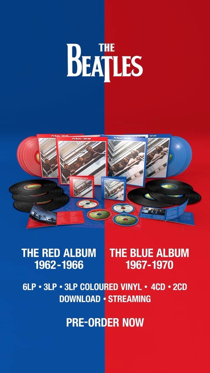 のインスタグラム：「The Beatles 1962-1966 (2023 Edition) The Red Album & The Beatles 1967-1970 (2023 Edition) The Blue Album are available for pre-order now and out this Friday. Order via link in bio.」