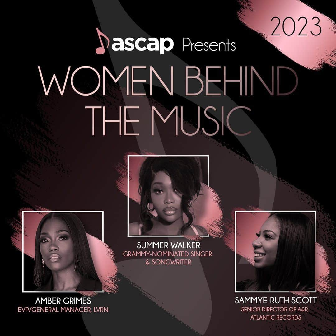 ASCAPのインスタグラム：「We're thrilled to announce our 15th annual Women Behind The Music honorees: @summerwalker @ambergrimes and @sammye_scott! 💗  Our staple #WBTM event stands to recognize and honor Women in the music community, both in front of and behind the scenes who have made an impact through their art and contributuons. They continue to inspire us all. This year, it is our honor to celebrate three leading women who continue to shift music culture.」