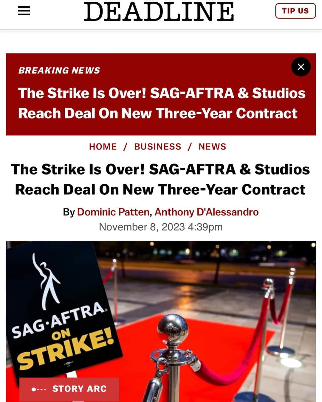 ダニエル・デイ・キムのインスタグラム：「The longest strike in our union’s history looks to be at an end. Hopefully the deal is truly fair so we can ratify it and get back to work! #sagaftrastrong」