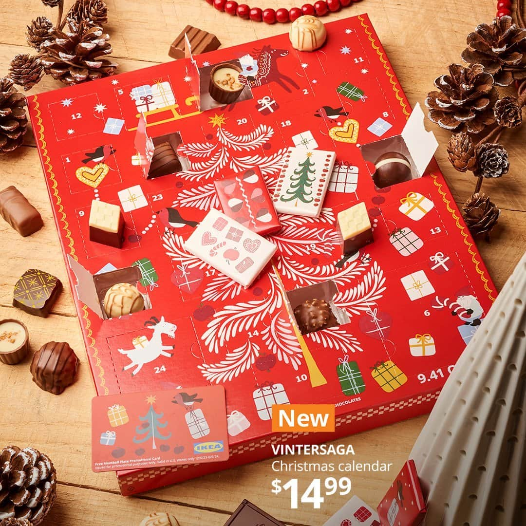 IKEA USAのインスタグラム：「Check the first #Christmas gift off your list with the new IKEA Christmas calendar! Delicious, sweet surprises - plus a $5 promotional voucher and a voucher for a free Swedish meatball or plant ball plate. Available only at your local store. Learn more at link in bio.」