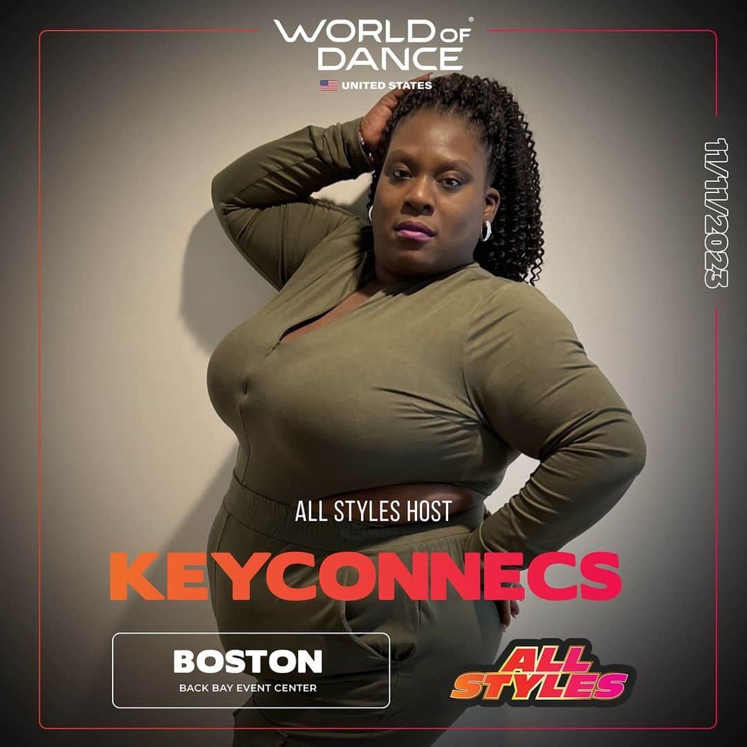 World of Danceのインスタグラム：「Please welcome our host @keyconnecs for our Boston All Style battle competition! Check her out on 11/11 at Back Bay Events Center🎤  Sign up online at worldofdance.com and at the door for $30!   #worldofdance #wodbos23 #allstyles」