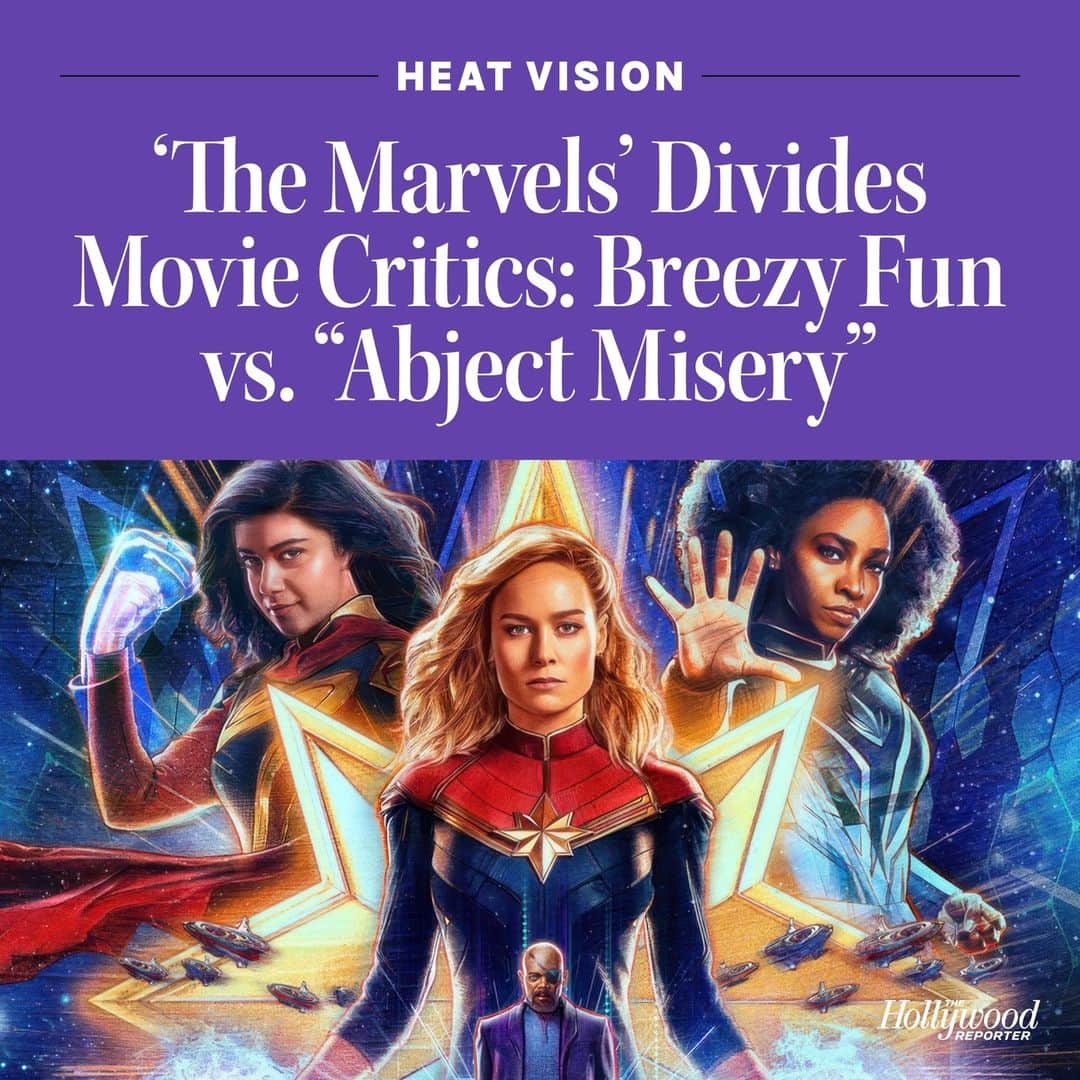 ハリウッド・リポーターのインスタグラム：「The latest Marvel Cinematic Universe title #TheMarvels is getting rather mediocre notices with a just-out-of-the-gate Rotten Tomatoes score in the mid-50s, which would make it one of the weakest MCU titles ever. But what’s interesting is that many reactions to the film are also intensely polarized. Hit the link in bio for the full review.」