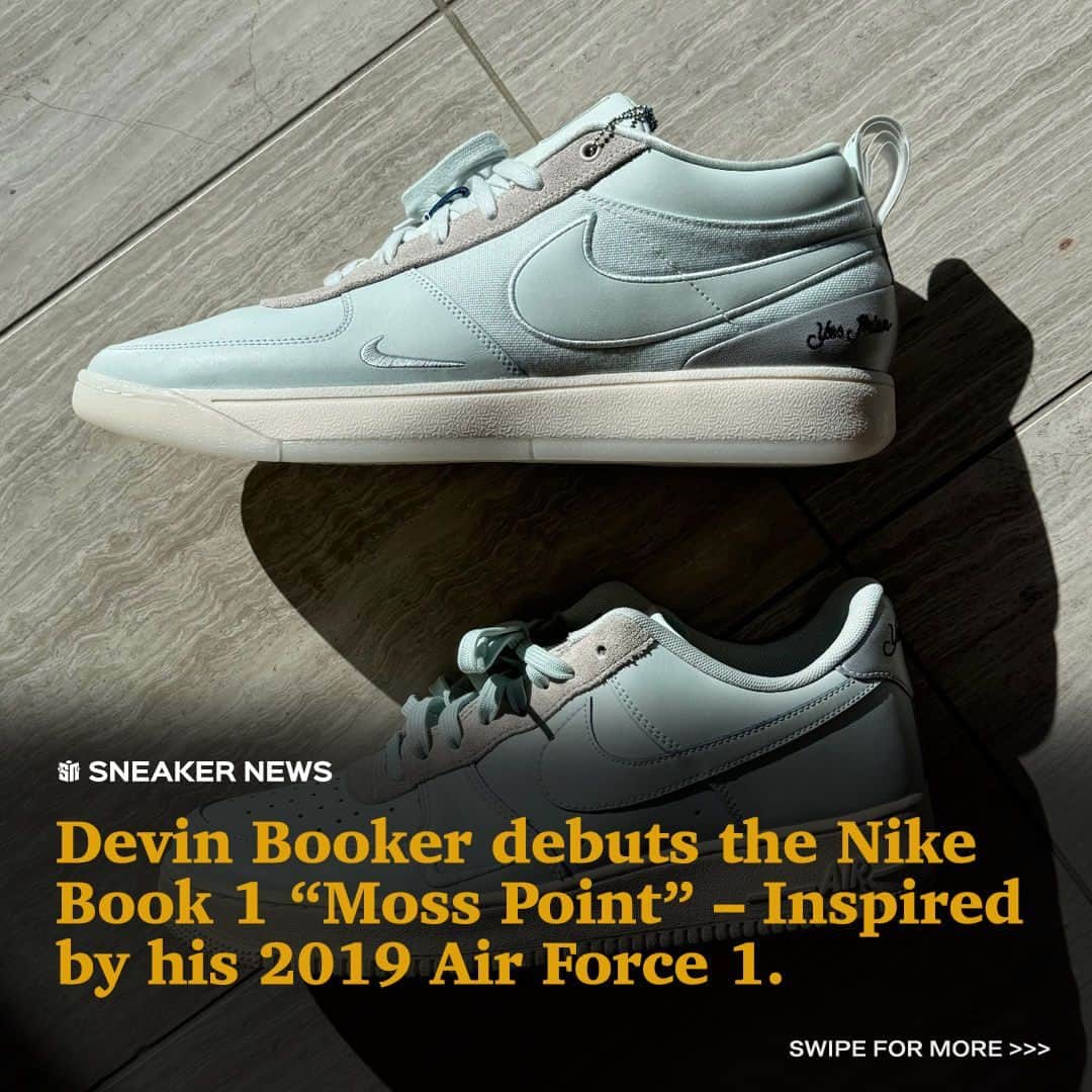 Sneaker Newsのインスタグラム：「Last night Devin Booker debuted a Nike Book 1 PE inspired by his "Moss Point" Air Force 1 Low collaboration from 2019. ⁠ ⁠ The Player Exclusive borrows the same palette and textures with "Yes Ma'am, No Sir" phrases at the heel, a nod to the respectful responses he was taught by his family growing up. The faint blue and grey color palette takes inspiration from a corner store that @dbook frequented while he attended Moss Point High School in Mississippi.⁠ ⁠ Tap the LINK IN BIO to learn more.」