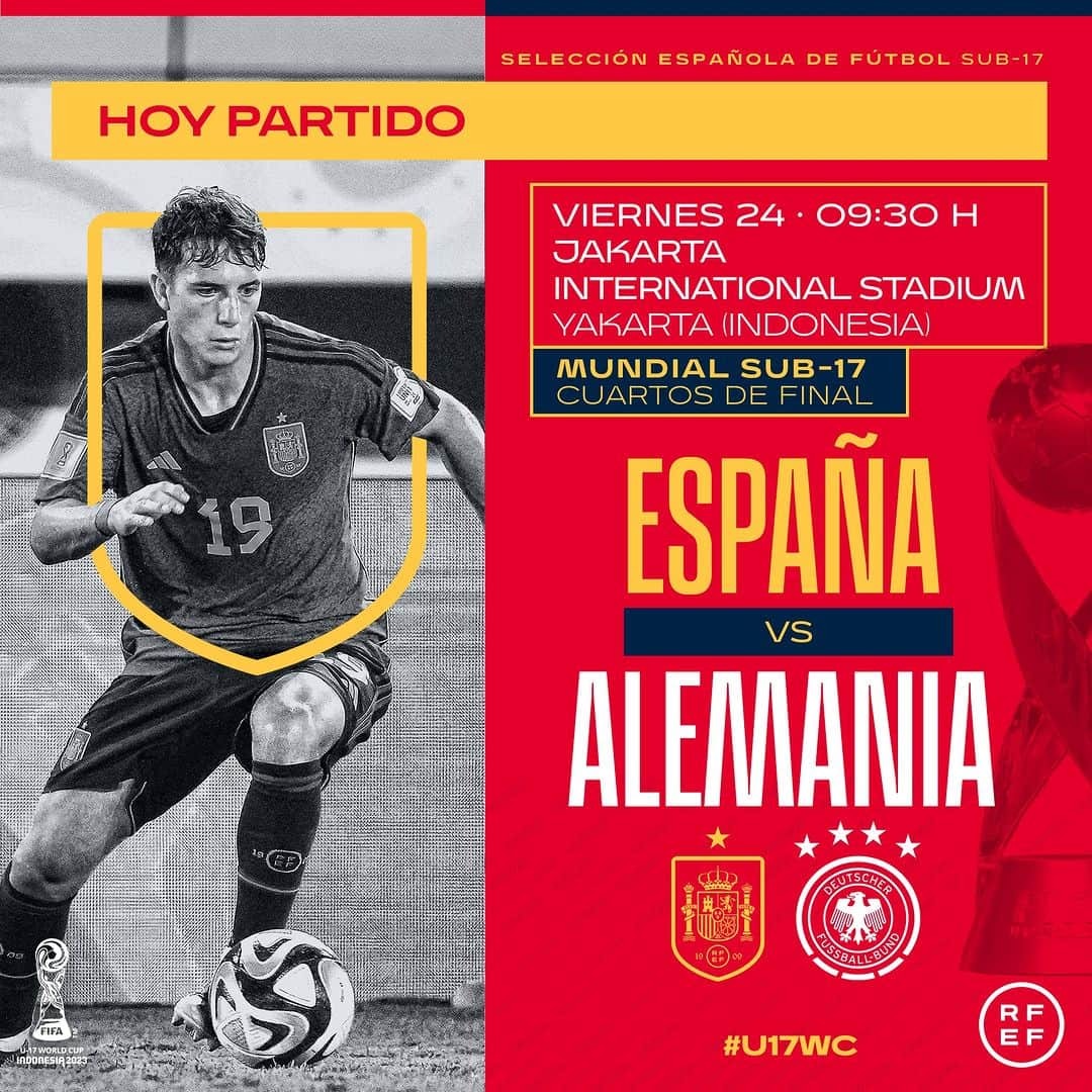 サッカー スペイン代表チームのインスタグラム：「🙌 Mañana se madruga, juega la Selección sub-17   ⚽ ESPAÑA - Alemania  🏆 Cuartos de final 📅 Viernes 24 de noviembre  🕘 9:30 (hora española) 🏟 Jakarta International Stadium 📍 Yakarta (Indonesia) 📺 @goltelevision   #U17WC」