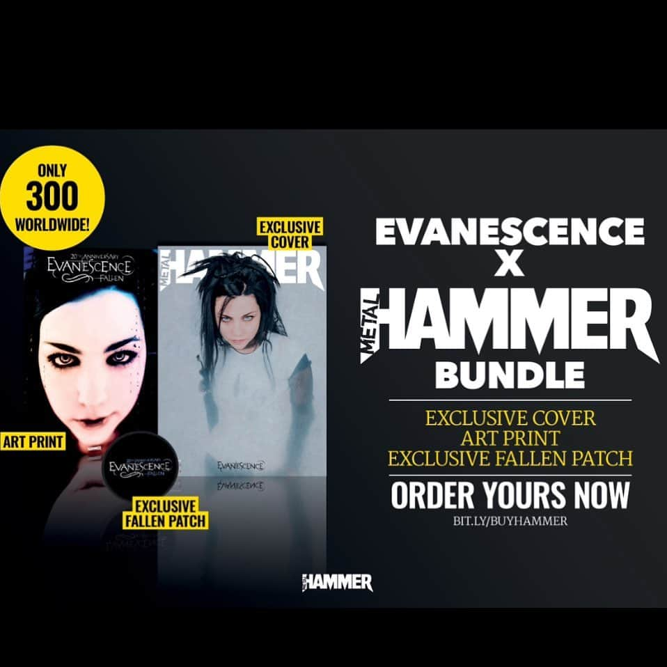 METAL HAMMERのインスタグラム：「We’ve teamed up with @evanescenceofficial for this Fallen bundle - complete with a very special cover, patch and print! Inside the issue, Amy celebrates the 20th anniversary of her band’s iconic debut album 💙  Only 300 are available! Order now via the link in bio 💙」