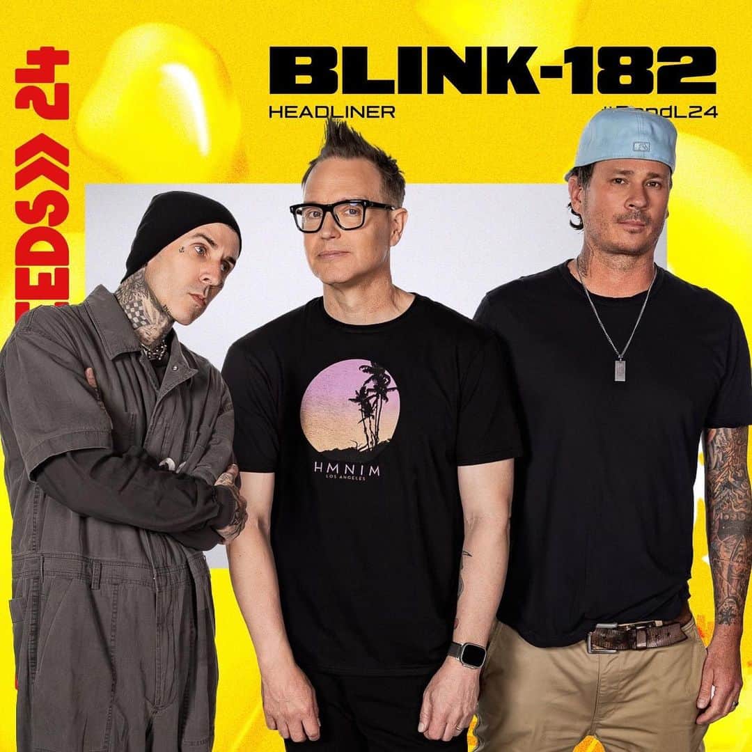 Rock Soundのインスタグラム：「Blink-182 have been announced as one of the headliners of Reading & Leeds Festival 2024  This will be the band’s only UK festival appearance next year and will be their first time at the event since 2014  They will join fellow headliners Liam Gallagher, Gerry Cinnamon, Lana Del Rey, Fred Again… and Catfish And The Bottlemen plus Spiritbox, Skrillex, Raye and Digga D on August 21-25 2024  #blink182 #poppunk #festival #readingfestival #leedsfestival #markhoppus #travisbarker #tomdelonge」