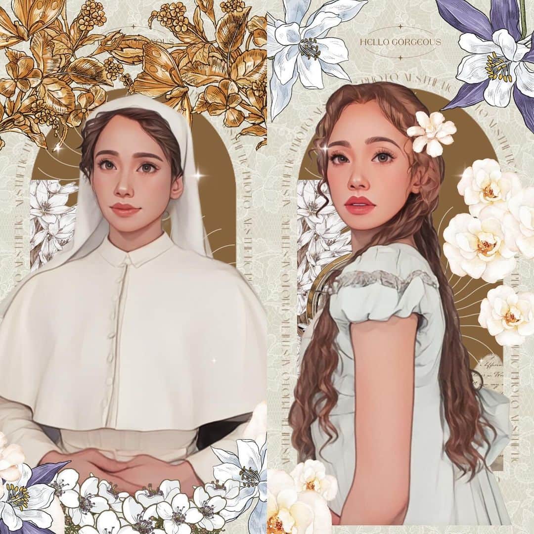 ソニンさんのインスタグラム写真 - (ソニンInstagram)「． 思ひで写真。① 衣装バージョン。  通常バージョンは他投稿にも載せていますので… 番外編  イザベラのケープの中はこんなワンピースでした！一度もこの状態では舞台上に現れませんが、2幕頭のシーンだけケープ脱いでこれにマントを着てました。(そのマント姿撮り忘れ😓) このワンピ姿でも可愛いでしょ！？衣装の前田さんがこれ一枚の時があっても良いように作ってくださったのです！  そして ダイアナのベッドトリック後の旅マント&お帽子姿👒 イザベラのマントはフードが付いていましたが、ダイアナには付いていません。そしてヘレナにはフードが付いていました。様々な工夫が演出してくださってますね☺︎  アプリで写真を元に加工してくれる絵画風、なんともクラシカルなフレームが世界観にぴったりだったのでシェア♪ ちょっと目が大きくなり過ぎだけど(笑) イザベラとダイアナの肖像画ぽくてお気に入り♡  #つづく #11月25日にインスタライブやります #質問募集本日11月23日23:59まで #詳しくはプロフかストーリーかX見てね  #尺には尺を #終わりよければすべてよし  #実は衣装の秘密はまだまだあるのですよ質問にあったらインライで話すかも」11月23日 19時39分 - sonim_official