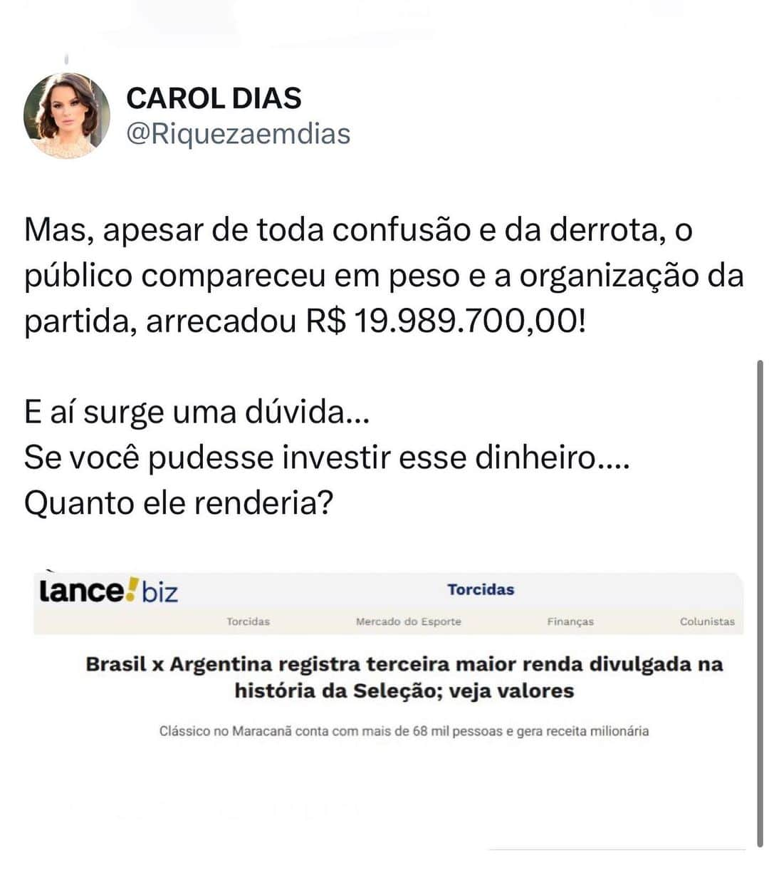 Carol Diasさんのインスタグラム写真 - (Carol DiasInstagram)「Qual a salvação para seleção do Brasil 🇧🇷?  . A bilheteria do jogo rendeu uma verdadeira FORTUNA 💰  . Quanto renderia esse dinheiro hoje aplicado por mês?」11月23日 19時54分 - caroldias