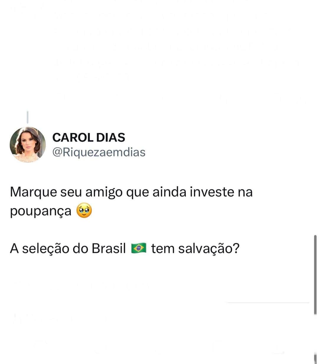 Carol Diasさんのインスタグラム写真 - (Carol DiasInstagram)「Qual a salvação para seleção do Brasil 🇧🇷?  . A bilheteria do jogo rendeu uma verdadeira FORTUNA 💰  . Quanto renderia esse dinheiro hoje aplicado por mês?」11月23日 19時54分 - caroldias