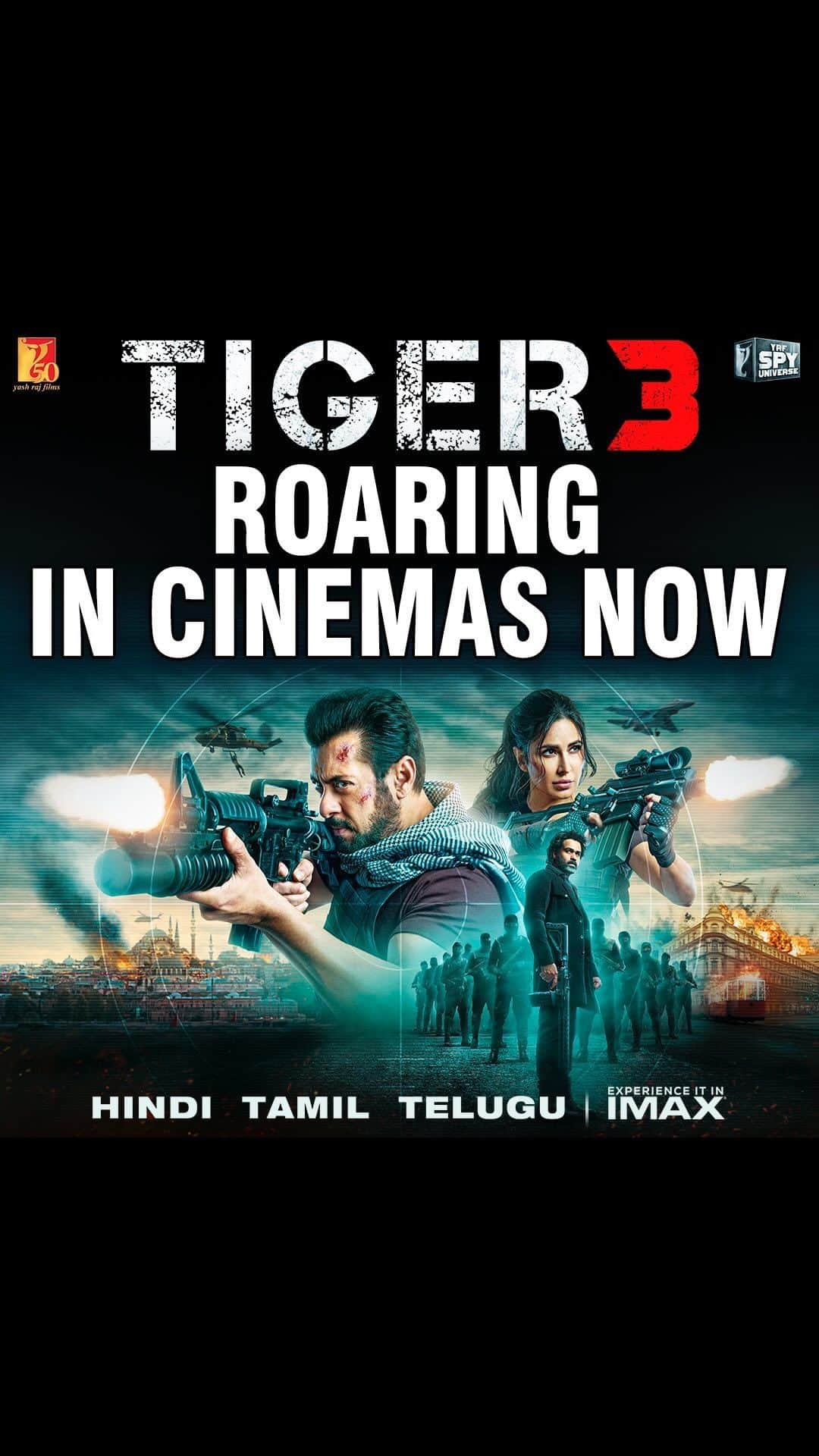 サルマン・カーンのインスタグラム：「Watch #Tiger3 at your nearest big screen in Hindi, Tamil & Telugu. Book your tickets now *link in bio*  @katrinakaif | @therealemraan | #ManeeshSharma | @yrf | #YRF50 | #YRFSpyUniverse」