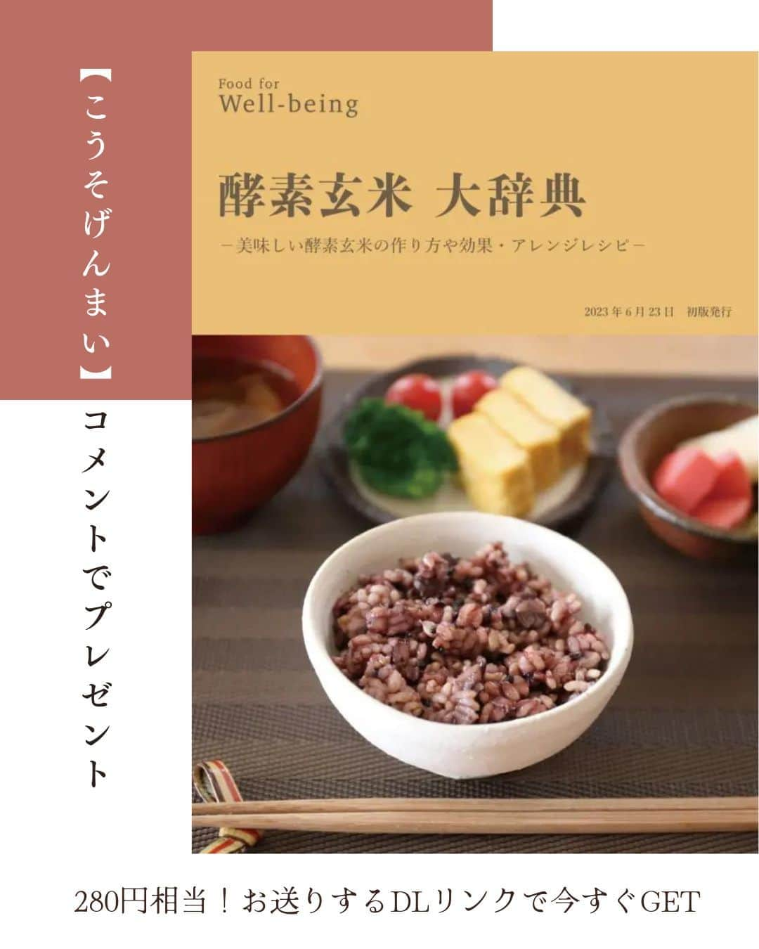 かわしま屋さんのインスタグラム写真 - (かわしま屋Instagram)「定価280円相当 期間限定で無料配布🆓  酵素玄米大辞典  ┈┈┈┈┈ ❁ ❁ ❁┈┈┈┈┈  酵素玄米の作り方やアレンジレシピを １冊にぎゅっとまとめました📕  写真つきで詳しく解説しています💁‍♀  酵素玄米の魅力を知って、生活に取り入れてみませんか？  印刷もOK！ぜひお手元に置いてみてください✨  〜〜〜〜〜〜〜〜〜〜〜〜〜  この投稿に【こうそげんまい】とコメントをしてくださった方全員に、 今すぐDMで、PDFダウンロード用リンクをプレゼント🎁  会員登録等不要で、無料でダウンロードできます♪  （フォローをしていない場合、メッセージがリクエストに届いている場合があります。）  〜〜〜〜〜〜〜〜〜〜〜〜〜  いいね・フォロー・保存もよろしくお願いします🤝 大変励みになります💪  #かわしま屋 #wellbeing #酵素玄米 #オーガニック酵素玄米 #無農薬 #無化学肥料 #玄米 #酵素 #発芽玄米 #無添加 #国産 #有機 #オーガニック #送料無料 #モニター #レシピ #アレンジレシピ #食生活 #栄養 #美容 #健康 #おすすめ #新商品 #プレゼント #全員プレゼント #プレゼント企画 #プレゼントキャンペーン #キャンペーン」11月23日 21時00分 - kawashima_ya