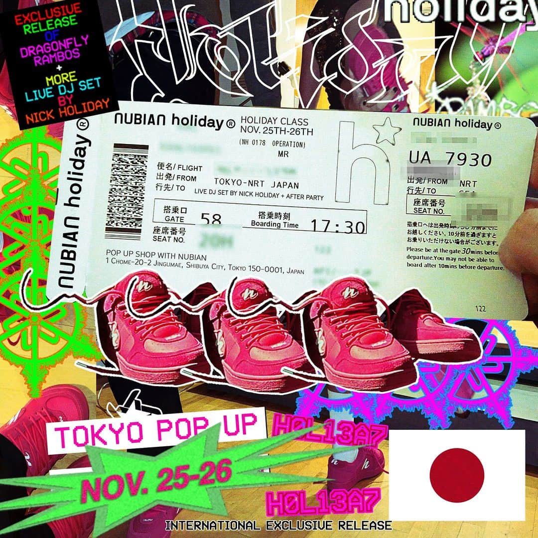 NUBIANのインスタグラム：「【holiday POP-UP STORE】 Dragonfly Rambos + Exclusive Wear Release  -Date- 11/25(Sat) - 11/26(Sun) NUBIAN HARAJUKU  -Nick Holiday DJ Set- 11/25(Sat) 7:00PM NUBIAN HARAJUKU  @holidaybrand @nickholiday #holiday #nubiantokyo   ==========  惜しくも解散してしまったLA拠点のオルタナティブラップグループ BROCKHAMPTON(ブロックハンプトン)のメンバーでもある”Nick Holiday”が手掛けるブランド”holiday”のポップアップが開催決定。 初日には”Nick Holiday”を迎えLIVE DJ SETを開催。  先日開催されたComplexConでリリースされたスニーカー”Dragonfly Rambos”をNUBIAN限定で発売。合わせて別注商品もラインナップ。  またとないこの機会を是非お見逃しなく。  ※時間は予告なく変更になる場合がございます。」