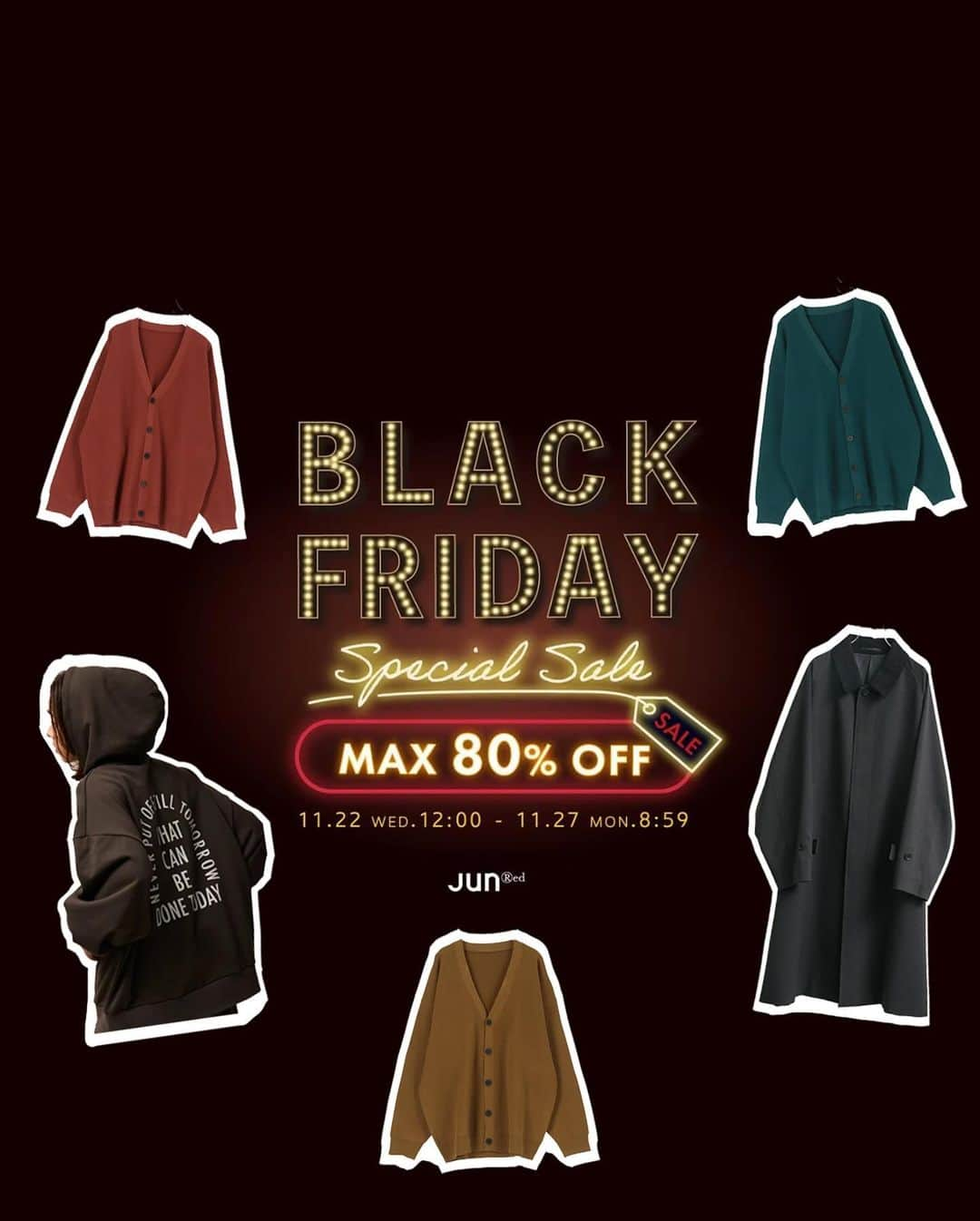 junredのインスタグラム：「【6日間限定】＼BLACK FRIDAY／スペシャルセール開催！  ジャドールジュンオンライン限定の スペシャルセールを開催！ ⠀ 2023年も残りわずか… ⠀ ⠀ 今年の年末は人と会う機会も多いはず🎄 ⠀ ⠀ お出かけコーデにぴったりなアイテムを 期間限定のスペシャルプライスで今すぐGET✨ ⠀  ■開催期間■ ⠀ 11/22(水) 12:00 ～ 11/27(月) 8:59 ⠀ ⠀ #junred #ジュンレッド  #ニットコーデ #ハーフジップニット #ダウン #ダウンジャケット #冬服コーデ #冬服メンズ #ブラックフライデー #カーディガン #パーカーコーデ #ニットコーデ #総柄ニット #コートコーデ」