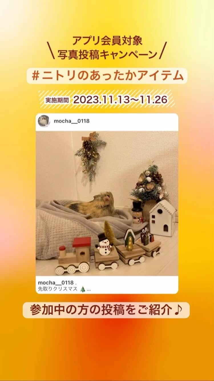 「お、ねだん以上。」ニトリ公式アカウントのインスタグラム：「🎁3,000円分のニトリ商品券が当たる🎁 #ニトリのあったかアイテム ❤️ 写真投稿キャンペーン開催中📸  ご参加中の皆様の素敵な投稿をご紹介💁‍♀️  投稿テーマは・・・ ニトリのあったかアイテムで季節を楽しんでいる写真  ✨✨✨✨✨✨✨✨✨✨✨✨✨✨ ご参加いただいた方の中から ニトリ商品券3,000円分が30名様に当たる！ ✨✨✨✨✨✨✨✨✨✨✨✨✨✨  ⏰キャンペーンは11/26(日)まで  参加方法はプロフィールからキャンペーン投稿をご覧下さい💡✨  皆様のご参加、お待ちしています😉🎶  #ニトリ #nitori #mynitori #ニトリで購入 #ペットベッド #Nウォーム #商品券 #写真投稿キャンペーン #プレゼント企画 #フォトコンテスト」