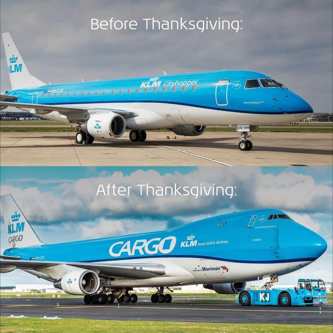 KLMオランダ航空のインスタグラム：「Happy Thanksgiving from us to you! 🤩💙🧡  #klm #klmroyaldutchairlines #thanksgiving #airfranceklm」