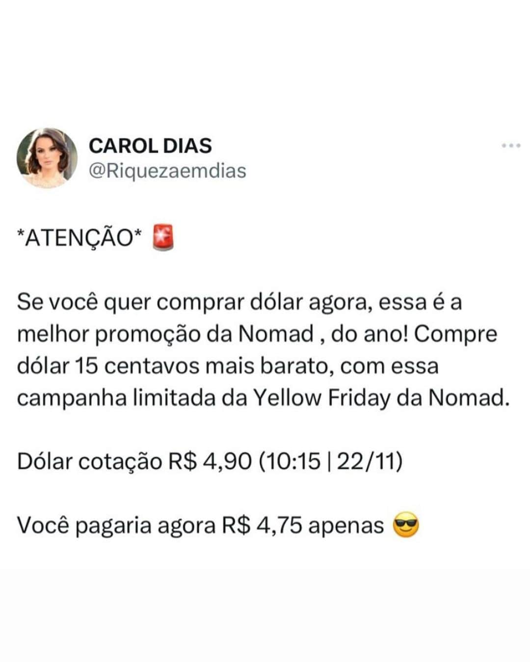 Carol Diasさんのインスタグラム写真 - (Carol DiasInstagram)「DÓLAR 💵 MAIS BARATO HOJE!  . Você pode ganhar até R$ 150 em descontos na compra de dólar. Mas a promoção está acabando! ✅  Campanha por tempo limitado ou até zerarem os cupons! ❌ . 🚨 COMENTE AGORA AQUI : EU QUERO | vou te mandar o link da promoção   Use o CUPOM: IRMAOSFRIDAY23 | ao fazer sua 1. Operação de câmbio em até 15 dias você ganha até R$ 0,15 por dólar de CASHBACK além de vários outros benefícios!」11月23日 23時55分 - caroldias