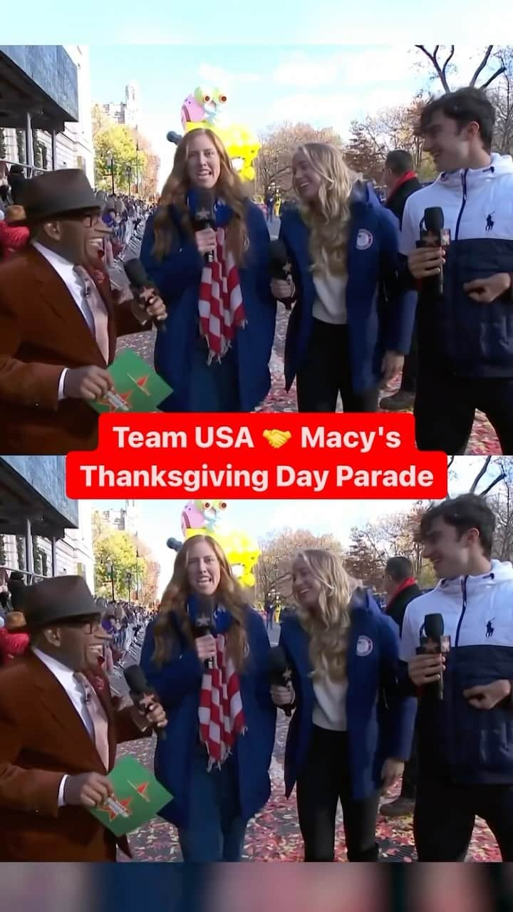 USA Volleyballのインスタグラム：「Keep an eye out for @kellycheng and @sarahughesbeach during the Macy’s Thanksgiving Parade! 🤩  Repost @nbcolympics • World champions Kelly Cheng, Sara Hughes and Ezra Frech chatted with Al Roker at the #MacysParade in NYC on all things Thanksgiving. 🦃」