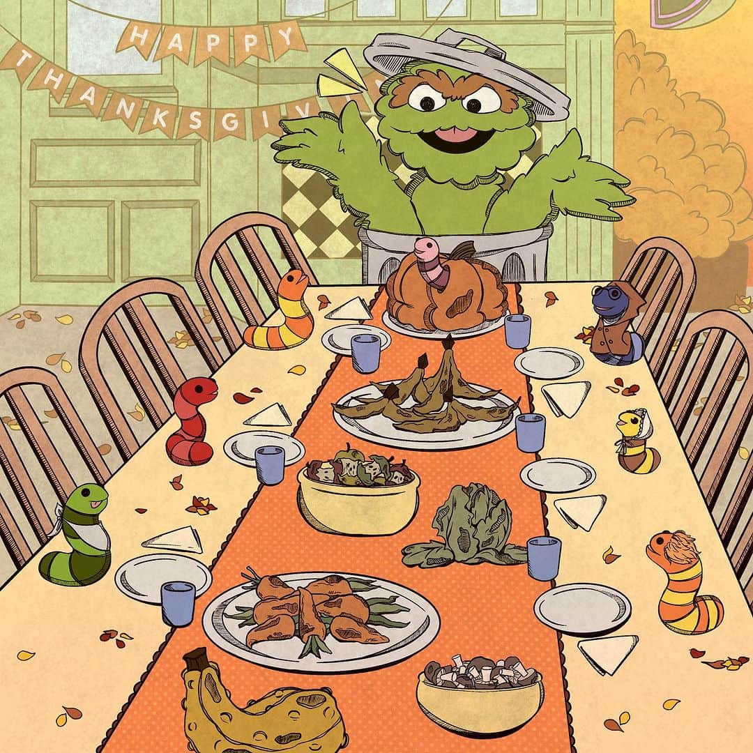 セサミストリートのインスタグラム：「Happy Wormsgiving from Oscar the Grouch and Slimey's family! Let’s celebrate this season with joy, togetherness, friends, and family. From our Street to yours, happy #Thanksgiving!」