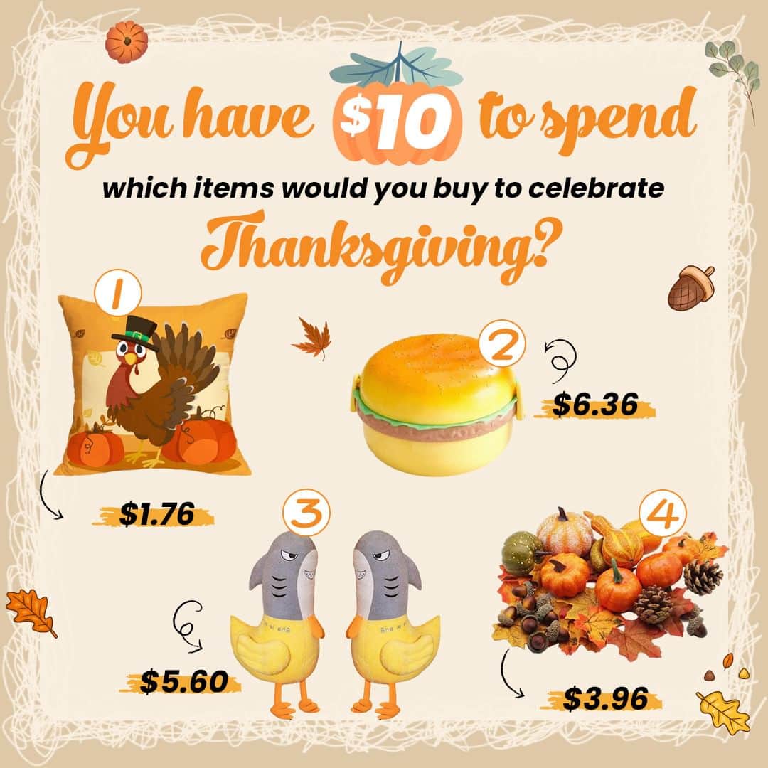 SHEINのインスタグラム：「UNDER $10 CHALLENGE! 💸🤔 Check out this cornucopia of cute #SHEINsgiving picks! 🦃🍂 Which festive finds would you grab to keep it under $10 for a thrifty Thanksgiving? 👇  🔎22585292  21768707 22914832 25085035   #Thanksgiving」