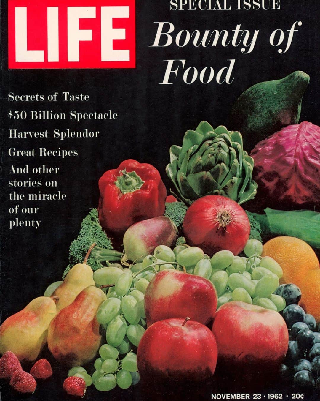 lifeのインスタグラム：「Special Issue Cover of LIFE magazine dated November 23rd, 1962 entitled "Bounty of Food" featuring a photo of fruits and vegetables.   This cover image and many more of LIFE's iconic covers are available as prints, click the link in our bio for more! 🍇   (📷 Dmitri Kessel/LIFE Picture Collection)   #LIFEMagazine #LIFECover #LIFEArchive #LIFEPictureCollection #DmitriKessel #Thanksgiving #Food #1960s」