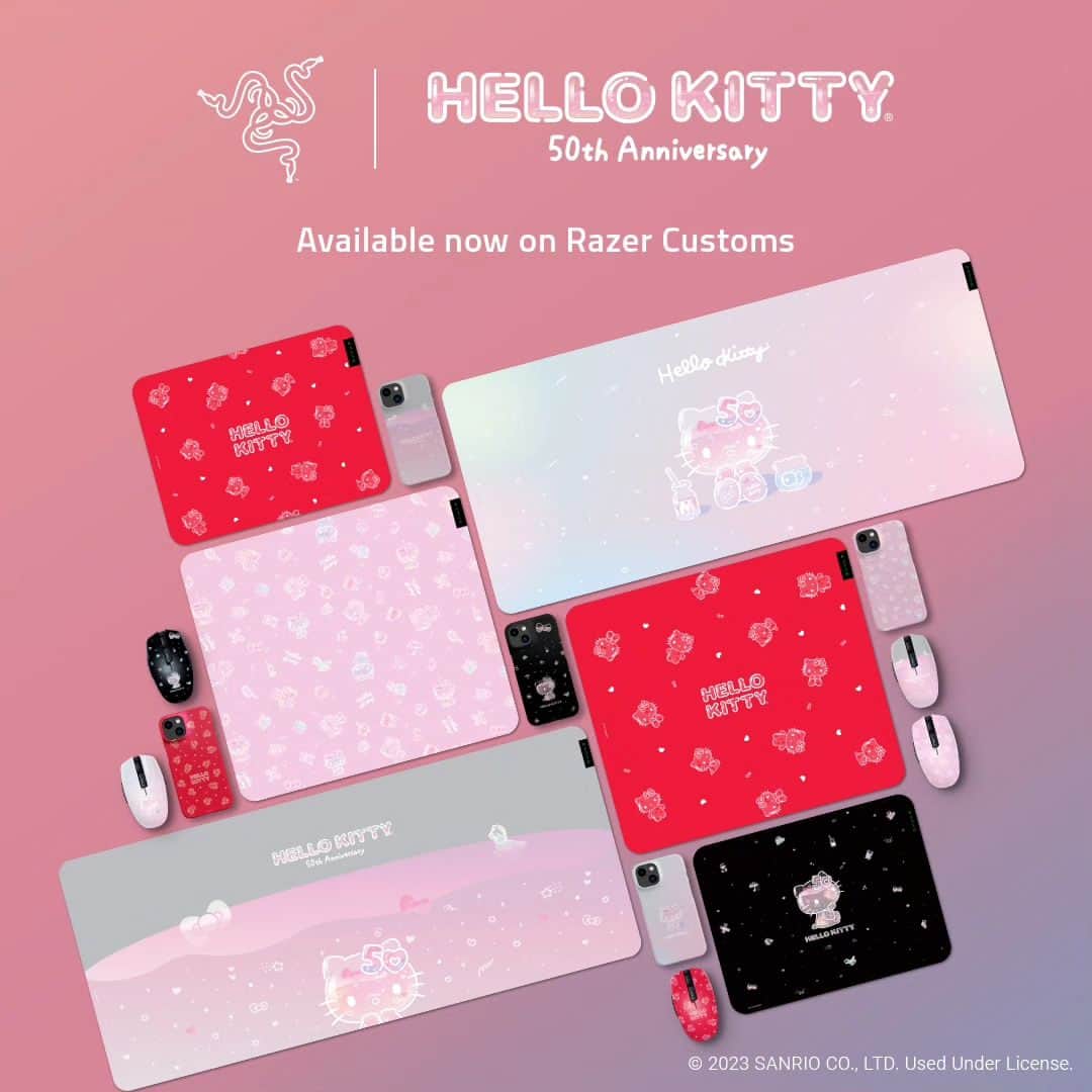 Hello Kittyのインスタグラム：「Celebrate @HelloKitty’s 50th Anniversary and embrace a new age of friendship with our newest #HelloKitty50th designs on Razer Customs 💖. With her iconic bow and endearing charm, kindness has never looked this cute: Link in bio.」