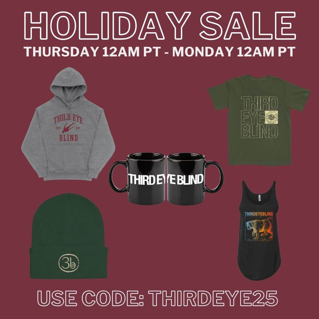 Third Eye Blindのインスタグラム：「Use code Thirdeye25 for 25% off 3eb merch starting at 12am PT through 12am PT Monday. Link in bio to shop」