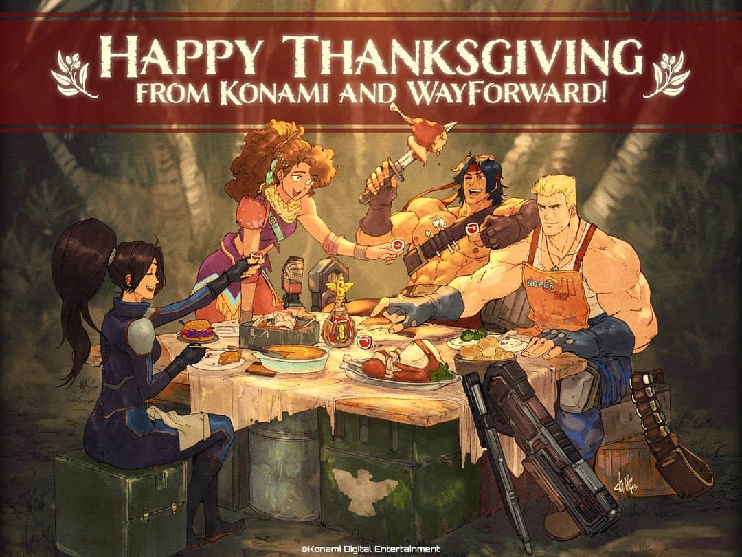 KONAMIさんのインスタグラム写真 - (KONAMIInstagram)「Let's digest aggressively! Happy Thanksgiving from our friends @wayforwardtech , and the entire #ContraOG team!」11月24日 2時00分 - konami