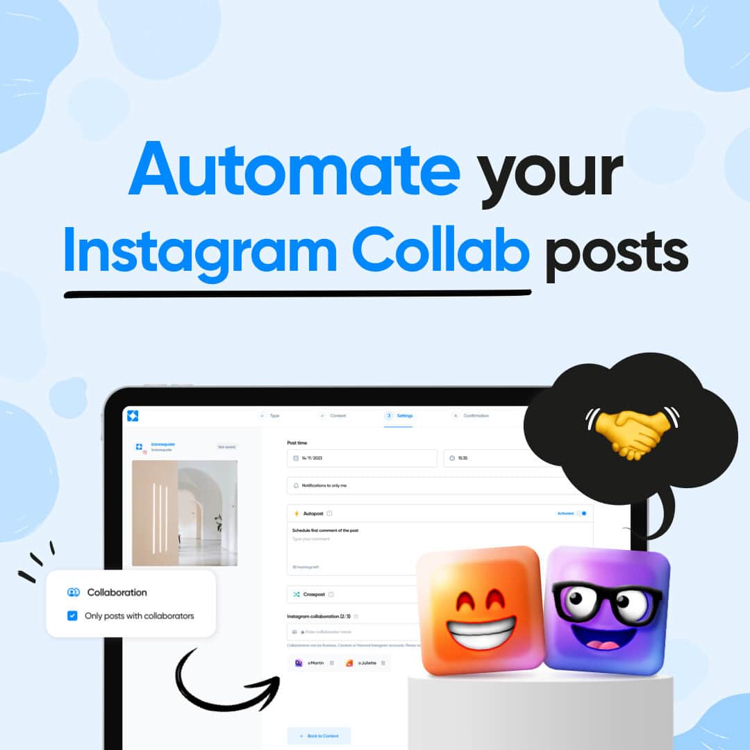 Iconosquareのインスタグラム：「New feature alert! 📢 Schedule your Instagram Collab posts directly from Iconosquare!   Iconosquare is proud to be one of the first scheduling platforms to offer the ability to invite other Instagram accounts to co-author your Instagram posts. Collaborating with other brands, companies, or creators just got a whole lot easier!  Schedule a Collab post today, and watch your reach and engagement soar 🚀  Try this new feature with the link in bio!  . #SocialMediaManagement #IconosquareInnovates #CollaborativeContent #SocialMediaStrategy」