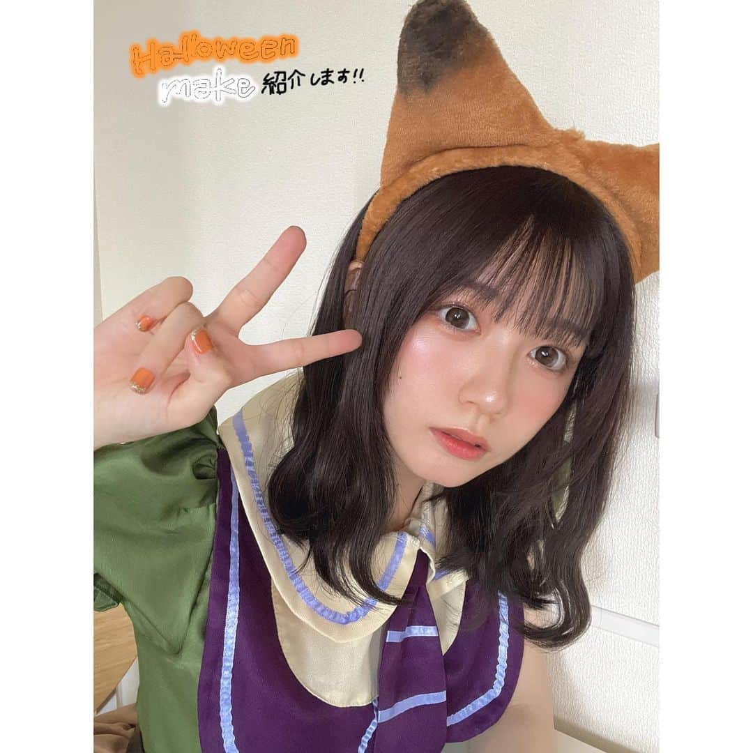 どみちゃんさんのインスタグラム写真 - (どみちゃんInstagram)「💄🪞🎀  Dハロの時のメイク紹介( Ö )♡  衣装に合わせてオレンジ×カーキにしたよ〜 （ネイルもその色にしたの🍊）  ・アイシャドウ ベースにLUNASOL（純撫子）の右上の色 その上からETUDE HOUSEのラメを全体に◎ 涙袋にマジョマジョのBE286 上の目尻に麻雀アイシャドウ 涙袋の目頭＋上まぶたの中央にGALLZ  ・アイライナー 黒目上と目尻にヒロインメイクの！  ・マスカラ 上まつげにだけ付けて、ホットビューラー  ・チーク ほっぺと鼻に！ ほっぺは上目、内側目！  ・リップ 全体にexcelのオレンジ 中央に赤ティント！  です！！！  写真アプリはBeautyCamだよ〜 1番最後はiPhoneモード🪿  また好評だったら載せます◎  #毎日メイク #ハロウィンメイク #コスプレ #コスメレポ #コスメ紹介 #化粧品 #オレンジメイク #cezanne #lunasol #majoricamajorca #ヒロインメイク #キャンディーマジック #etudehouse #excel #gallz #beautycam」11月9日 17時42分 - domi723___