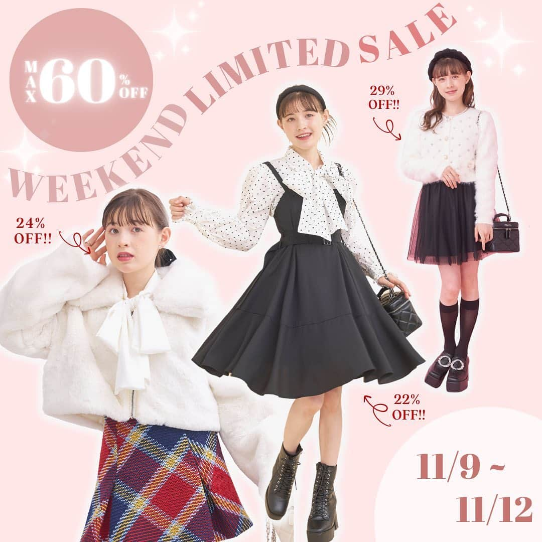 ティティ&コーさんのインスタグラム写真 - (ティティ&コーInstagram)「MAX 60%OFF!! 週末限定SALE🛍️✨ ⁡ 新作アイテムや人気アイテムが超お得に！❤️ ⁡ 11/9(木)〜11/12(日)の期間限定なので お見逃しなくー！！👀 ⁡ ⁡ #tittyandco #ガーリー#参戦服 #骨格ストレート#骨格ナチュラル#骨格ウェーブ #推し活コーデ #冬コーデ#デートコーデ#モテコーデ#フェミニンコーデ#冬アウター#ファージャケット#冬コーデ#ワンピース」11月9日 18時05分 - tittyandco_com