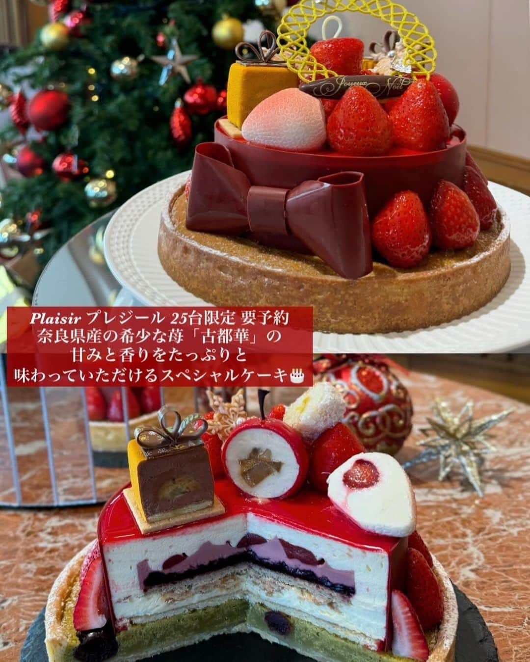 karen okajimaさんのインスタグラム写真 - (karen okajimaInstagram)「帝国ホテルの今年のクリスマスケーキもすごい！！🎅🎂  先日試食会に呼んで頂きました☺️ ちょこちょこ全種類頂いたんだけど、 どれも美味しかった🍰💗  私はプティガトーの中の、 レアチーズケーキ(ネジュー)が 1番すきだったよー☺️✨  スペシャルなケーキ、Plaisir(プレジール)も とても素敵で見てるだけで幸せ💓 25台限定要予約だよ✨  奈良県産の希少な苺「古都華」の甘みと香りを たっぷりと味わっていただけるスペシャルケーキ！ ピスタチオのタルトとホワイトチョコレートムースを プレゼントのようにリボンで飾ったケーキで美しい🎂 パティシエが、クリスマスの食卓が喜びに 包まれますように、と願って名付けられたみたい🤗🎁  他にもブッシュドノエルや、シュトレン ヘーゼルナッツと洋梨のクグロフや ミルフィーユや王道のショートケーキなど、、 どれも素敵てわ美味しかったのでぜひ 今年のクリスマスケーキは帝国ホテルさんが とってもおすすめです🎅💓💓  #PR #帝国ホテル #クリスマスケーキ #クリスマスケーキ2023#帝国ホテル大阪」11月9日 18時37分 - karenokajima0318