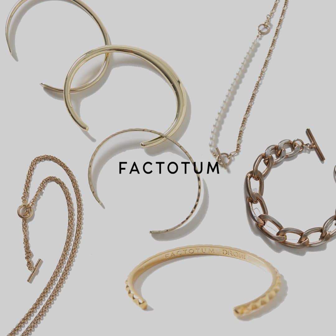 ファクトタムのインスタグラム：「【Gold Accessories】  Bangle,Bracelet,Necklace  手に取りやすい価格で高級感のゴールドアクセ 袖口や首元からさりげなく煌めく上品な輝き  ____________________  @factotum.official @kojiudo  #factotum #ファクトタム」